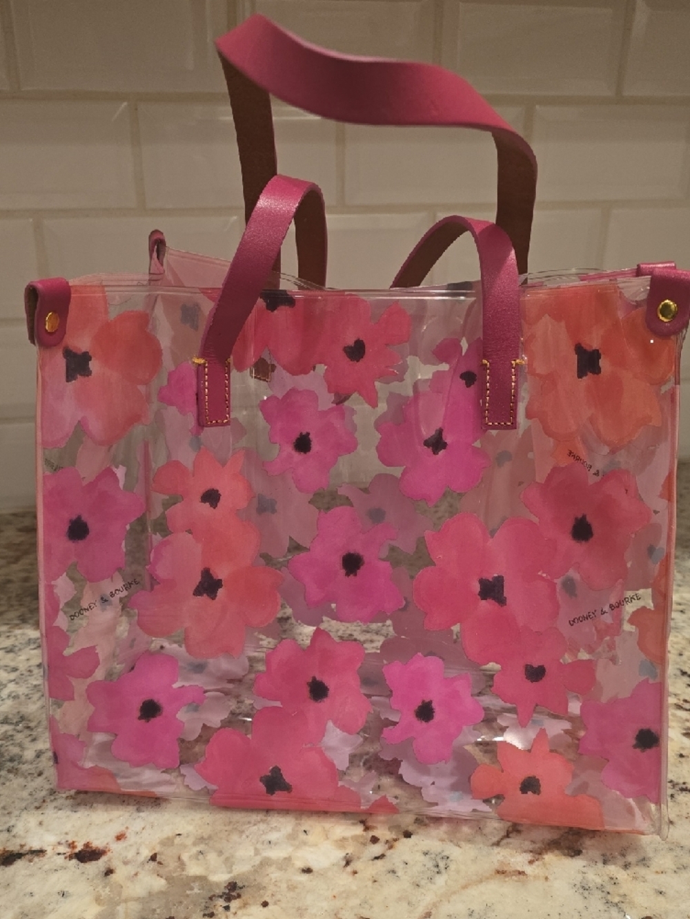 Beautiful Dooney And Bourke Pink Floral Clear Shopper with Leather Handles - Picture 2 of 16